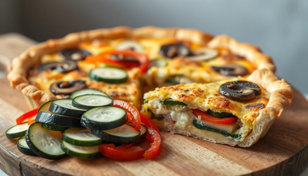 A beautiful, mouth-watering quiche with a fluffy egg and heavy cream filling, showcasing a variety of low-carb vegetables. The quiche has a golden, flaky crust and is presented on a rustic wooden board. In the foreground, an assortment of sliced zucchini, bell peppers, mushrooms, and onions are arranged artfully. The middle ground features a wedge of the quiche, revealing the vibrant vegetable layers inside. The background is softly blurred, creating a warm, inviting atmosphere. The lighting is natural and diffused, highlighting the textures and colors of the dish. The overall scene conveys a sense of culinary elegance and the delicious potential of a customizable keto-friendly quiche.