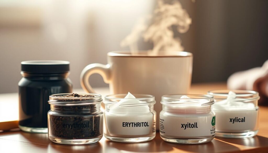 A beautifully lit, close-up shot of various keto-friendly sweetener options for a zero-carb hot beverage. In the foreground, an assortment of small glass jars or bowls filled with sweeteners like erythritol, monk fruit, stevia, and xylitol. The middle ground features a stylish ceramic mug or cup, steam rising from the dark liquid within. The background is soft and blurred, creating a sense of focus on the foreground elements. The lighting is warm and natural, casting gentle shadows and highlights to accentuate the textures and colors of the sweeteners and mug. The overall mood is one of a cozy, artisanal coffee or tea scene, with the sweeteners presented as the star ingredients.