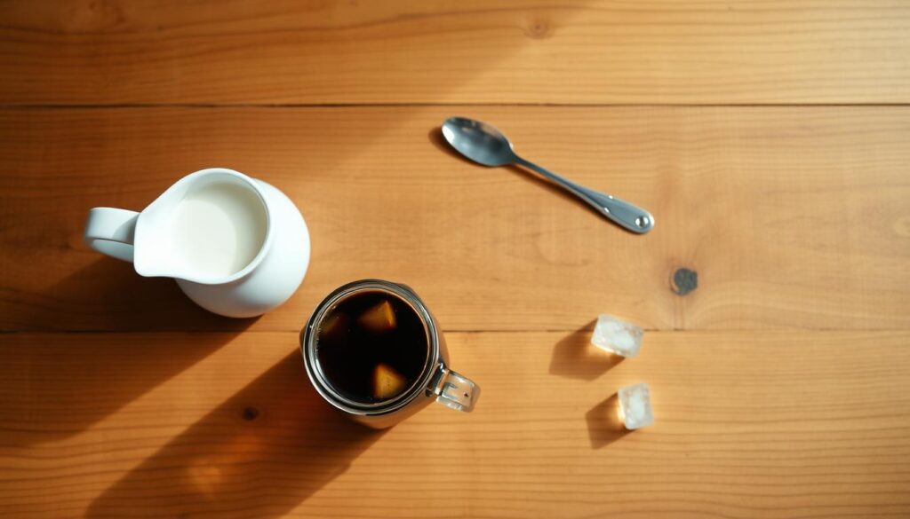 A beautifully lit, overhead view of a minimalist, wooden coffee table. On the table, a glass mason jar filled with rich, dark cold brew coffee, accompanied by a small pitcher of heavy cream, a spoon, and a few ice cubes. The lighting is soft and natural, creating a warm, inviting atmosphere. The composition is carefully balanced, showcasing the key elements of the keto iced coffee preparation in a visually appealing and appetizing manner.