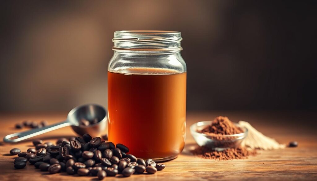 A beautifully lit still life of a glass jar filled with pure MCT oil, espresso beans, and cocoa powder, arranged on a wooden table. The foreground features the jar's amber liquid and the rich, dark beans and powder, conveying the essence of a keto-friendly mocha drink. The middle ground showcases a stainless steel measuring spoon and a small bowl of collagen powder, hinting at the customization options. The background is a soft, atmospheric blur, allowing the ingredients to take center stage. The lighting is warm and directional, casting gentle shadows and highlights that accentuate the textures and colors. The overall mood is one of artisanal craftsmanship and health-conscious indulgence.