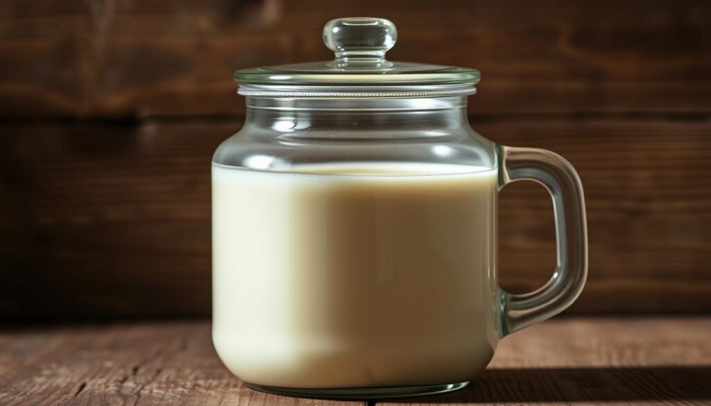 A beautifully lit still life scene showcasing a glass container filled with a creamy, sugar-free coquito beverage. The container has a tight-fitting lid, ensuring the contents remain fresh. The background features a rustic wooden surface, with soft shadows and highlights accentuating the smooth, reflective surface of the glass. The overall mood is one of elegant simplicity, highlighting the rich, indulgent nature of the keto-friendly coquito while emphasizing the importance of proper storage for maximum shelf life.