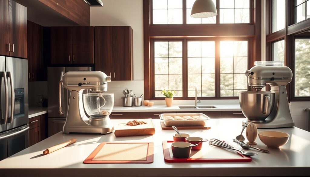 A bright, airy keto baking kitchen with sleek stainless steel appliances and dark wood accents. On the countertop, a mix of essential tools - a high-powered blender, a hand mixer, a rolling pin, silicone baking mats, and precision measuring cups and spoons. Sunlight streams in through large windows, casting a warm glow over the scene. The mood is one of organized efficiency, with everything in its place, ready to assist in the creation of delectable keto-friendly baked goods. The camera angle is slightly overhead, capturing the entire setup in a clean, uncluttered composition.