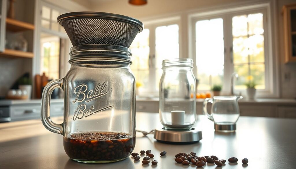 A bright, airy kitchen counter showcases the homemade cold brew process. In the foreground, a large glass Mason jar filled with coarse-ground coffee beans and cool water steeps patiently. A stainless steel mesh filter rests atop the jar, ready to strain the rich, concentrated coffee. In the middle ground, a glass measuring cup and a small scale sit nearby, indicating the precise measurements required. Warm, natural light streams in through large windows, casting a soft glow over the scene. The overall atmosphere is one of calm, considered preparation - a meditative ritual to craft the perfect cold brew.
