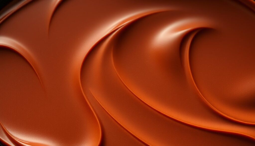 A close-up of a rich, velvety chocolate texture, illuminated by soft, warm lighting. The surface is smooth and glossy, with delicate swirls and a subtle sheen. The chocolate has a deep, luxurious brown hue, with hints of caramel and cocoa. The composition is carefully balanced, with the texture filling the frame and occupying the central focus. The lighting creates a sense of depth and dimensionality, highlighting the subtle variations in the chocolate's surface. The overall mood is indulgent, inviting the viewer to experience the luxurious, melt-in-your-mouth quality of the chocolate.