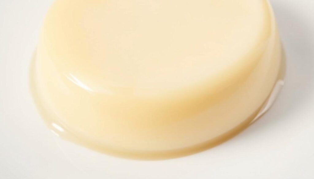 A close-up shot of a perfectly smooth and silky flan, its creamy texture glistening under soft, diffused lighting. The surface is free of any bubbles or imperfections, with a delicate, eggy custard-like consistency. The flan is placed on a simple white backdrop, allowing the texture to be the sole focus. Subtle shadows create depth and dimension, highlighting the curvature and sheen of the dessert. The overall mood is one of culinary elegance and attention to detail, capturing the essence of achieving the perfect keto flan texture.