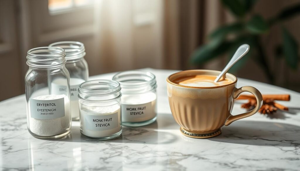 A close-up shot of an elegant, marble-textured surface showcasing an assortment of keto-friendly sweetener options. In the foreground, a selection of glass jars filled with different sweeteners, such as erythritol, monk fruit, and stevia. The mid-ground features a ceramic teacup filled with a creamy, frothy chai latte, accompanied by a small spoon. The background is softly blurred, creating a warm, cozy atmosphere with natural lighting. The overall composition conveys a sense of thoughtful, mindful preparation for a delightful, low-carb chai latte experience.