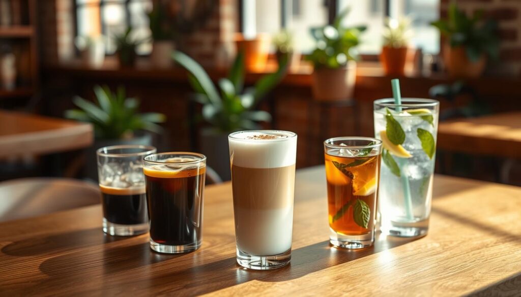 A cozy café scene with a wooden table in the foreground, showcasing a variety of keto-friendly cold foam beverages. In the center, a tall glass of creamy keto cold foam, topped with a sprinkle of cinnamon. Surrounding it, smaller glasses filled with iced black coffee, unsweetened herbal tea, and a refreshing infused water with lemon and mint. The scene is bathed in warm, natural lighting, creating a soothing ambiance. The beverages are arranged artfully, highlighting their distinct colors and textures. The background features a minimalist, but charming café interior, with potted plants and a rustic brick wall adding to the inviting atmosphere.