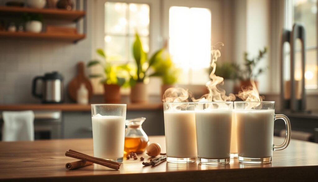 A cozy kitchen counter, bathed in warm, natural light from a large window. In the foreground, an arrangement of glass containers filled with a creamy, pale-colored beverage - a Keto Milk Beverage made with almond milk and heavy cream. Wisps of steam rise from the glasses, hinting at the rich, velvety texture. The middle ground features various ingredients used in the recipe, such as cinnamon sticks, vanilla beans, and a small pitcher of honey for sweetening. In the background, a few potted plants and a sleek, stainless-steel appliance lend an air of modern, minimalist sophistication. The overall mood is one of tranquility and indulgence, inviting the viewer to imagine the soothing, creamy pleasure of sipping this nourishing, low-carb milk-based drink.