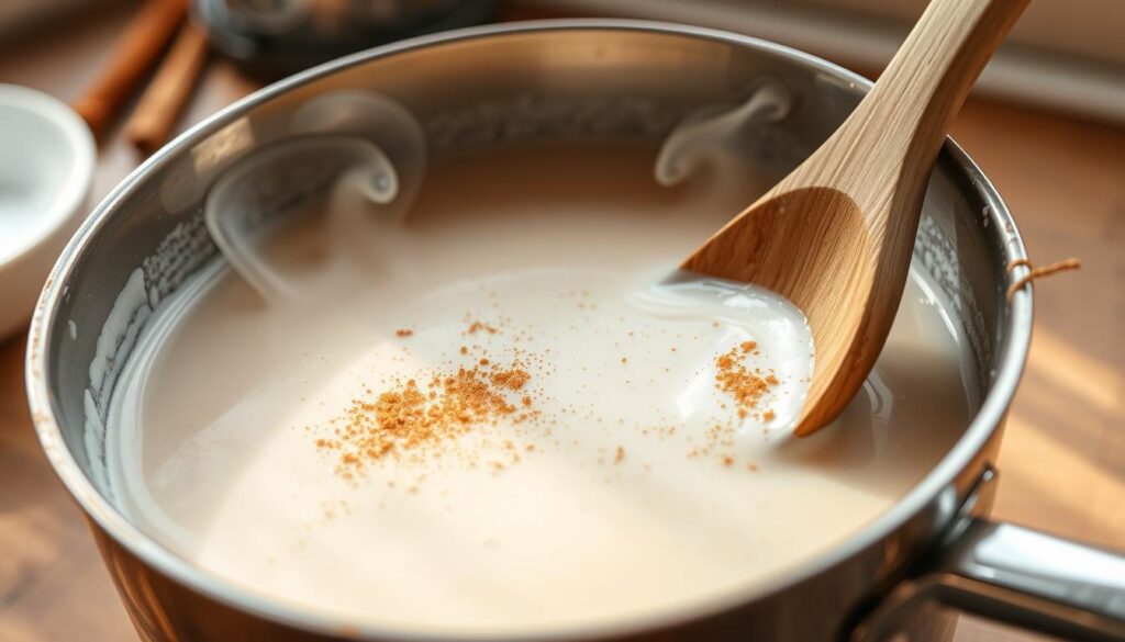 A creamy, richly-textured cinnamon rice drink being prepared on a wooden kitchen counter. The foreground shows a saucepan filled with a gently simmering mixture of almond milk, heavy cream, ground cinnamon, and a hint of vanilla. Wisps of steam rise from the pan, creating a cozy, aromatic atmosphere. In the middle ground, a wooden spoon is being used to stir the mixture, creating a silky, homogeneous texture. The background features natural light filtering through a window, casting a warm, golden glow over the scene. The overall mood is one of comfort, warmth, and artisanal craftsmanship.