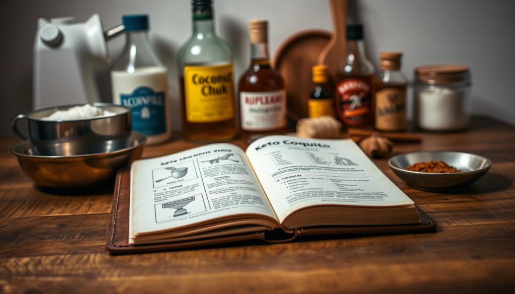 A crisp, detailed still life capturing the Keto Coquito Troubleshooting Guide. In the foreground, a hand-bound booklet with a soft leather cover sits atop a wooden table, its pages open to reveal illustrations and diagrams. In the middle ground, an assortment of kitchen ingredients - coconut milk, rum, vanilla extract, and spices - are neatly arranged, hinting at the recipe's components. The background is softly lit, creating a warm, inviting atmosphere reminiscent of a cozy home kitchen. The lighting is slightly directional, casting subtle shadows that add depth and dimension to the scene. The camera angle is slightly elevated, providing a clear view of the contents while maintaining a sense of intimacy.