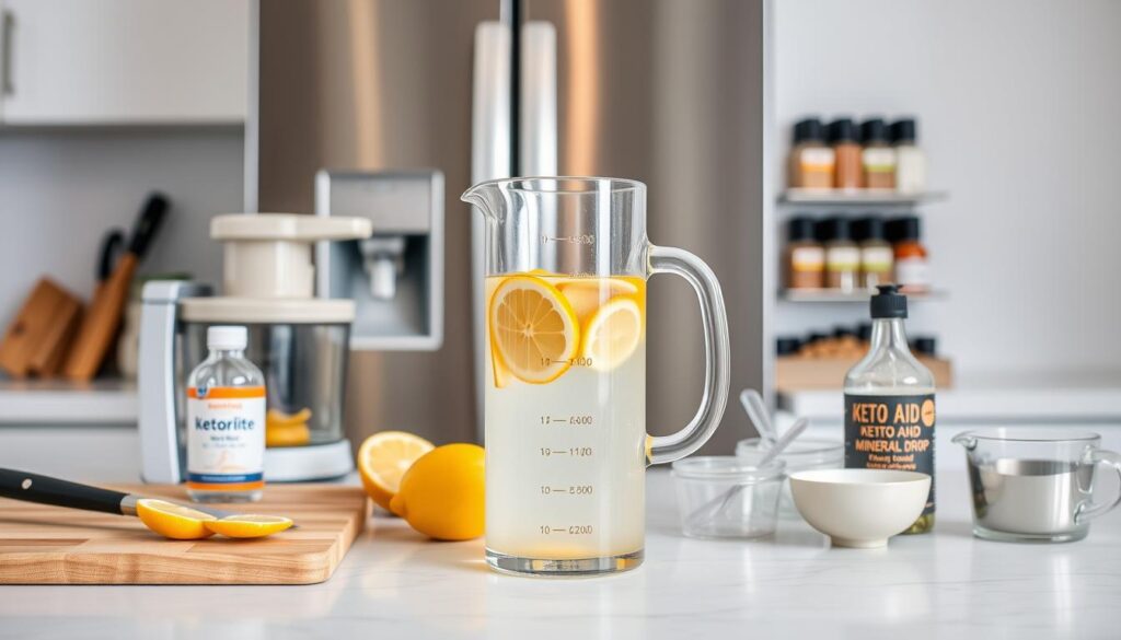 A crisp, well-lit kitchen counter showcases an array of Keto Aid preparation essentials. In the foreground, a glass pitcher filled with a bright, citrusy lemon-infused electrolyte solution takes center stage, surrounded by a cutting board, a juicer, and a bottle of concentrated mineral drops. Midground, various measuring spoons and cups stand ready, hinting at the precise measurements required for a perfect Keto Aid blend. The background features a clean, minimalist aesthetic, with a sleek stainless steel appliance and a neatly organized spice rack, conveying an atmosphere of efficiency and attention to detail. The overall composition emphasizes the importance of proper Keto Aid preparation, inviting the viewer to create their own nourishing and hydrating elixir.