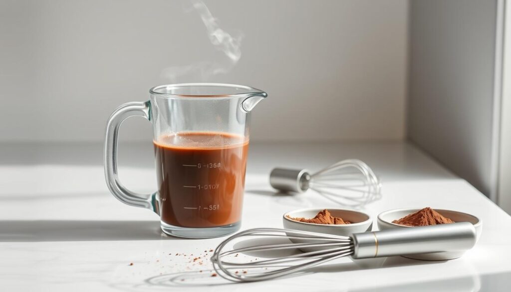 A crisp, well-lit kitchen counter with a clean, minimalist backdrop. On the counter, a glass measuring cup filled with dark, rich chocolate milk, steam gently rising. Nearby, a metal whisk and a small bowl of cocoa powder. The overall scene has a calming, focused atmosphere, inviting the viewer to imagine the steps of preparing this delectable keto-friendly treat. Soft, directional lighting illuminates the scene, casting subtle shadows and highlighting the textures of the ingredients. The composition is balanced and visually appealing, drawing the eye to the key elements of the process.
