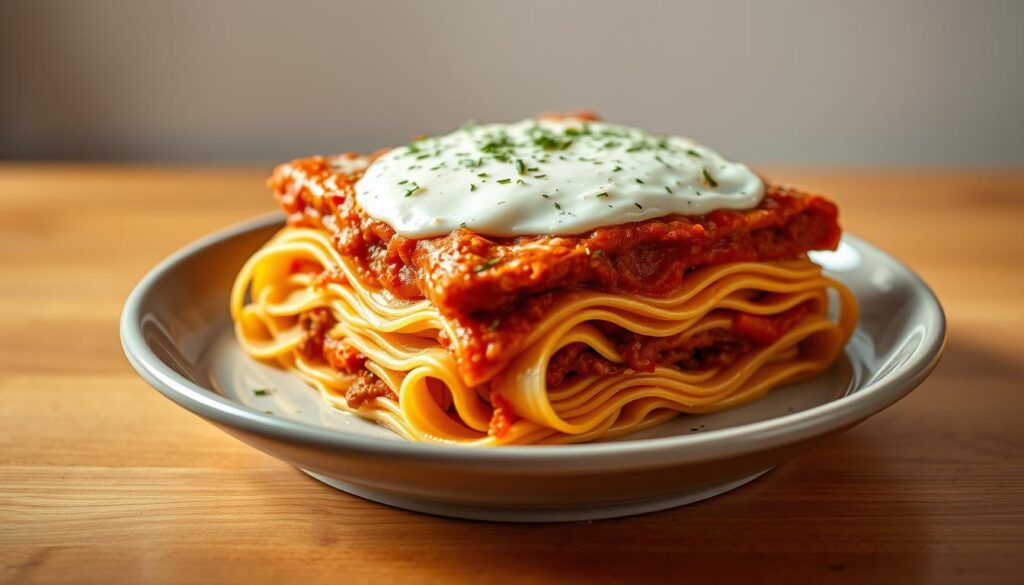 A delectable keto lasagna, featuring layers of almond flour noodles, savory beef ragù, and melted mozzarella cheese. The noodles are hand-crafted, their golden hue conveying a homemade quality. The ragù, simmered to perfection, glistens with rich tomato notes and aromatic herbs. Lush mozzarella crowns the dish, its creamy white texture contrasting beautifully with the rustic noodles. Warm lighting casts a cozy glow, inviting the viewer to imagine the satisfying flavors. A crisp, clean background allows the layered ingredients to take center stage, showcasing the keto-friendly, low-carb nature of this tempting culinary creation.