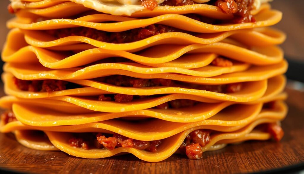 A delicate stack of golden-brown, almond flour-based lasagna noodles, meticulously layered with a rich, simmered beef ragù and a creamy, dairy-free béchamel sauce. The noodles are evenly cooked, with a slight crispness around the edges, creating a visually appealing and texturally balanced dish. Soft shadows cast by the noodles accentuate their depth and volume, while a warm, natural lighting illuminates the scene, conveying a sense of homemade, rustic elegance. The overall composition is clean and uncluttered, allowing the gluten-free, keto-friendly lasagna to be the central focus, ready to be savored by the health-conscious diner.