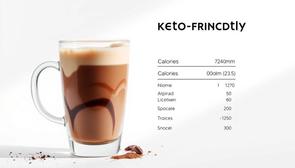 A detailed nutritional breakdown of a keto-friendly mocha beverage, featuring a crisp white background and sleek, modern presentation. In the foreground, a transparent glass tumbler showcases the rich, dark mocha liquid, steaming gently. Suspended within the drink are swirls of creamy froth and a dusting of cocoa powder. Beside the tumbler, a clean, minimalist layout displays the macronutrient information, calorie count, and key nutritional facts in a clear, easy-to-read format. The composition is lit from above, casting subtle shadows and highlights that accentuate the beverage's texture and the clinical precision of the data presentation. The overall mood is one of refined, science-backed health information.