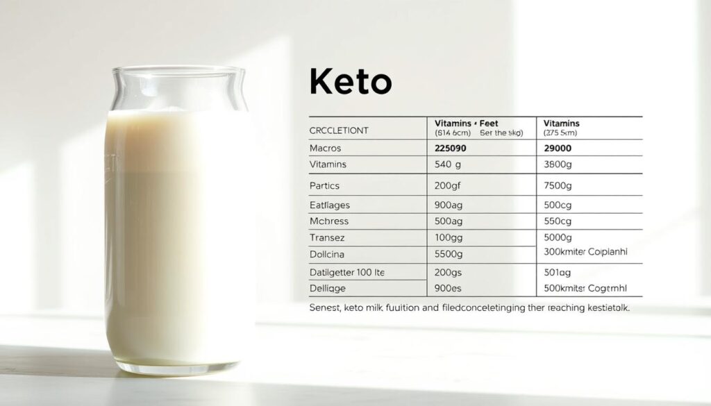 A detailed nutritional breakdown of keto milk, presented against a clean, minimalist background. The foreground showcases a transparent glass container filled with the milk, illuminated by soft, natural lighting. The middle ground features a simple table or surface, with a crisp, white backdrop that allows the information to take center stage. The nutritional data is displayed in a clear, easy-to-read format, highlighting the macros, vitamins, and minerals present in the keto milk recipe. The overall mood is informative, with a touch of modern elegance, allowing the viewer to focus on the key nutritional facts.