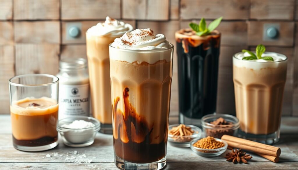 A glass-filled arrangement of iced keto coffee variations, captured in warm, natural lighting. In the foreground, a tall glass showcases a rich, creamy keto iced coffee, topped with dollops of whipped cream and a sprinkle of cinnamon. Surrounding it, smaller glasses present diverse flavor profiles - one infused with vanilla, another with a hint of chocolate, and a third with a refreshing mint garnish. The middle ground features an array of keto-friendly sweeteners, from stevia to erythritol, along with a selection of spices, including nutmeg and cardamom. In the background, a wooden surface with a distressed texture sets the rustic, artisanal tone. The overall composition evokes a sense of cozy indulgence and experimentation, inspiring the viewer to explore the endless possibilities of keto iced coffee.