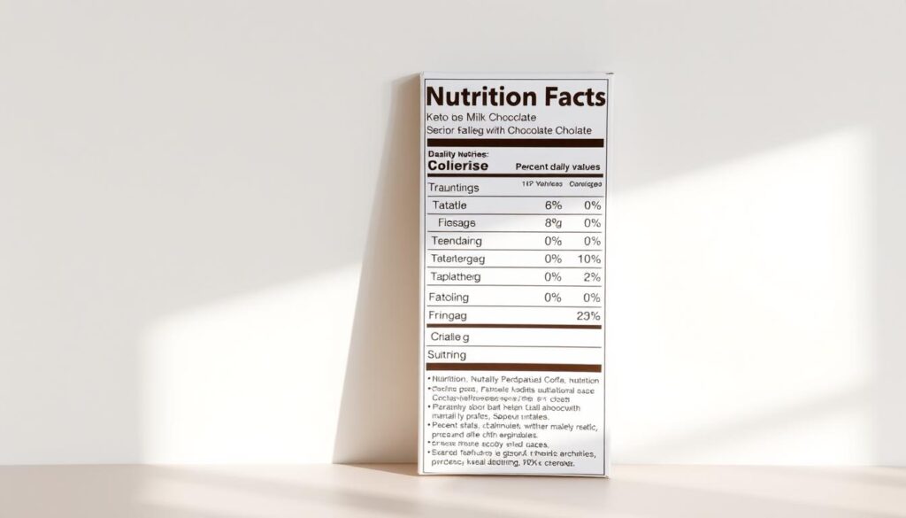 A high-quality, detailed nutrition facts label against a clean, minimalist background. The label showcases the nutritional information for a keto-friendly milk chocolate, including macronutrients, micronutrients, and percent daily values. The layout is clear and easy to read, with a classic serif font. The colors are muted and earthy, with hints of warm browns and creams to evoke the natural cocoa tones. Soft, diffused lighting casts gentle shadows, creating depth and dimension. The overall aesthetic is sophisticated and informative, perfectly suited to illustrate the nutritional details of a keto milk chocolate recipe.