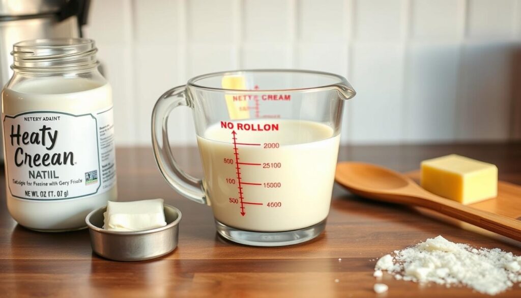 A kitchen counter with a glass measuring cup filled with a creamy, viscous liquid, surrounded by a few basic cooking ingredients - a jar of heavy cream, a pat of butter, and a wooden spoon. The scene is bathed in warm, soft lighting, creating a cozy, homey atmosphere. The focus is on the evaporated milk preparation, with the other elements playing a supporting role, guiding the viewer's attention to the central step-by-step process. The overall composition is clean, balanced, and inviting, capturing the essence of the "Keto Evaporated Milk Recipe with Heavy Cream & Butter" cooking instructions.