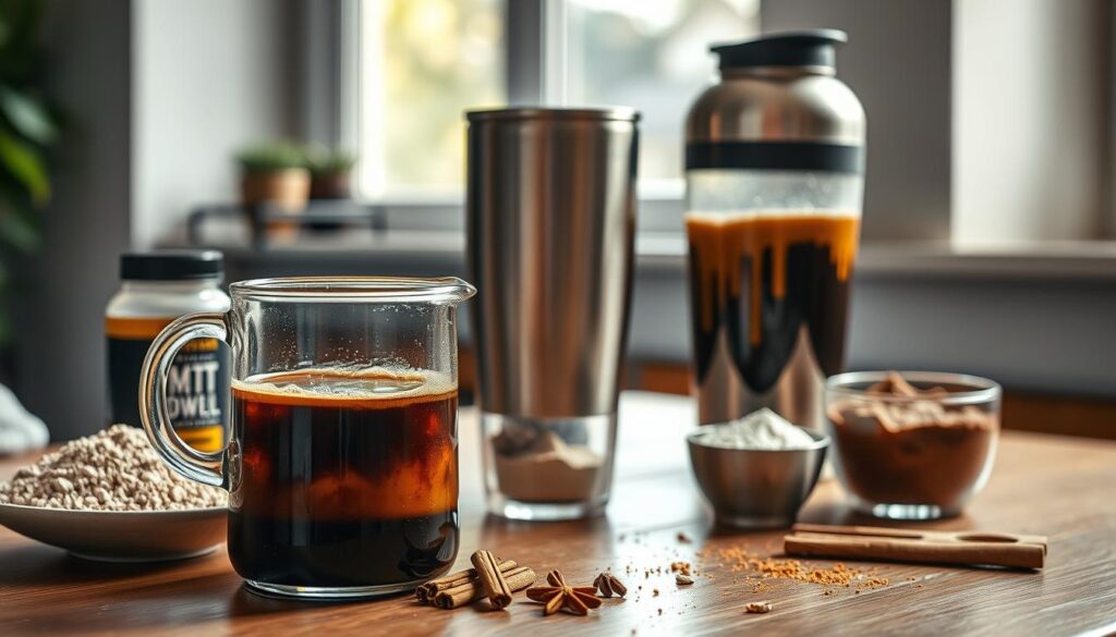 A meticulously prepared cold brew coffee setup for a keto protein shake. In the foreground, a glass beaker filled with a rich, dark brew rests on a wooden surface, its contents glistening. Surrounding it, an assortment of ingredients - protein powder, MCT oil, and a sprinkling of cinnamon - are neatly arranged, ready to be blended. In the middle ground, a sleek stainless steel shaker stands, its lid partially open, inviting the viewer to imagine the frothy, creamy mixture within. The background is softly lit, with natural light filtering through a window, casting a warm, inviting glow over the scene. The overall atmosphere is one of precision, health, and a touch of indulgence, perfectly capturing the essence of a keto-friendly protein shake made with cold brew coffee.