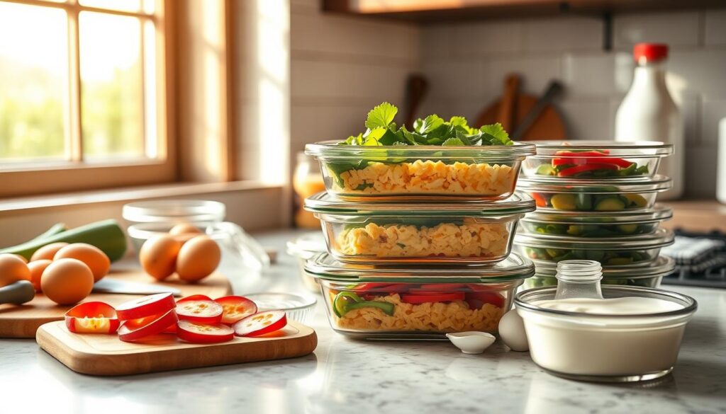A neatly organized kitchen counter with various keto-friendly breakfast items, including a stack of glass meal prep containers, a cutting board with sliced vegetables, a bowl of freshly cracked eggs, and a bottle of heavy cream. The scene is bathed in warm, natural lighting from a large window, creating a cozy and inviting atmosphere. The focus is on the storage containers, highlighting their utility for meal prepping and preserving the keto breakfast quiche. The overall composition conveys a sense of culinary organization and efficiency, perfectly aligning with the "Storage and Reheating Guidelines" section of the article.