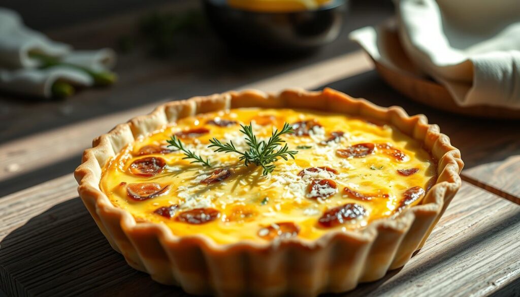 A perfectly baked keto quiche with a golden, flaky crust and a luscious, custard-like filling sits on a rustic wooden table. Delicate sprigs of fresh thyme and a dusting of grated parmesan cheese adorn the top, giving it an elegant, yet homey appearance. Soft natural lighting from the side casts gentle shadows, highlighting the quiche's intricate details. The scene is captured with a shallow depth of field, putting the quiche in sharp focus while blurring the background, creating a cozy, inviting atmosphere. This image showcases the beauty and craftsmanship of a well-executed keto quiche, serving as a visual guide to avoid common cooking mistakes.