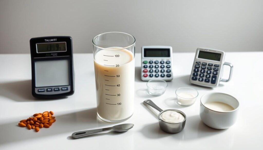 A pristine white laboratory table, bathed in soft, diffused lighting. On the surface, a graduated cylinder filled with a creamy, opaque liquid stands prominently, accompanied by a digital scale and a calculator. Beside it, carefully arranged measuring spoons and cups filled with varying amounts of almond milk and heavy cream, their proportions meticulously noted. The scene conveys a sense of scientific inquiry, as if the viewer is witnessing the precise calculation of the perfect cream-to-water ratio for a keto-friendly milk recipe.