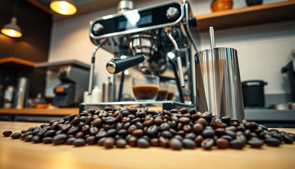 A professional barista's workstation, a sleek espresso machine takes center stage, its gleaming chrome and glass facade reflecting the soft, warm lighting overhead. Beside it, a smooth, stainless steel milk frother stands ready, its wand poised to transform fresh dairy into a silky, aerated topping. In the foreground, an artful display of coffee beans, their rich, dark hues contrasting against a light, wooden surface, invites the viewer to imagine the aromatic, full-bodied brew soon to be crafted. The scene is captured through a wide-angle lens, lending a sense of depth and emphasizing the careful attention to detail inherent in the art of keto coffee brewing. A professional barista's workstation, a sleek espresso machine takes center stage, its gleaming chrome and glass facade reflecting the soft, warm lighting overhead. Beside it, a smooth, stainless steel milk frother stands ready, its wand poised to transform fresh dairy into a silky, aerated topping. In the foreground, an artful display of coffee beans, their rich, dark hues contrasting against a light, wooden surface, invites the viewer to imagine the aromatic, full-bodied brew soon to be crafted. The scene is captured through a wide-angle lens, lending a sense of depth and emphasizing the careful attention to detail inherent in the art of keto coffee brewing.