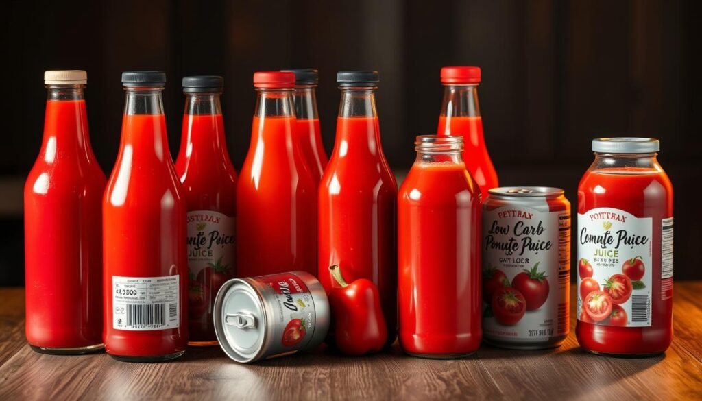 A selection of low-carb tomato juice bottles and cans, artfully arranged on a wooden table. The juices have various hues of red, from deep crimson to bright scarlet, casting a moody, atmospheric glow. The bottles are positioned at different angles, creating a dynamic, visually appealing composition. Soft, warm lighting illuminates the scene, casting subtle shadows and highlights on the glass and metal surfaces. The overall mood is one of sophistication and health-conscious indulgence, perfectly capturing the essence of the "Choosing the Right Tomato Juice for Your Keto Diet" section.