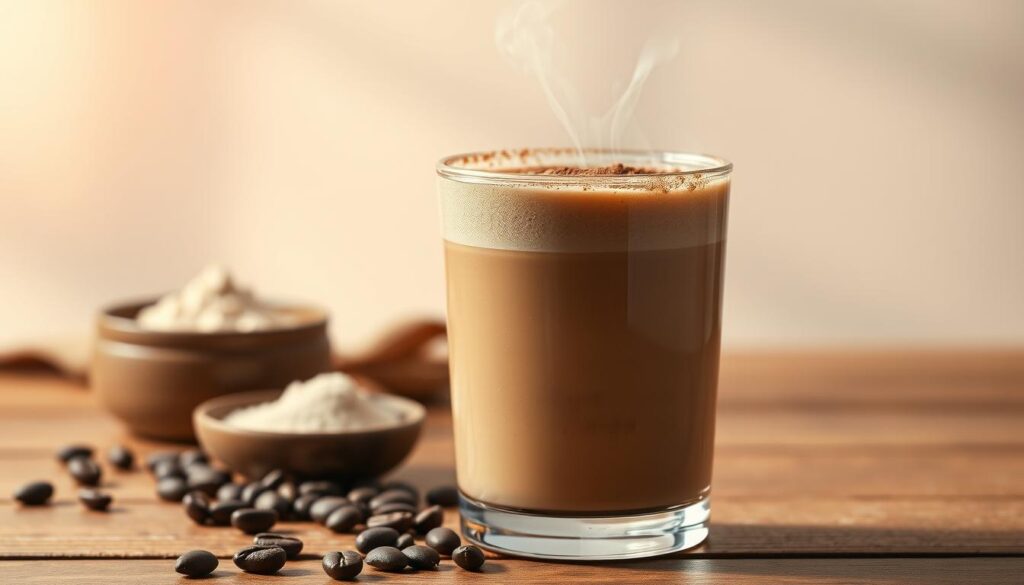 A serene, minimalist scene showcasing a steaming keto coffee protein shake. The foreground features a glass filled with a rich, creamy beverage, topped with a dusting of cocoa powder. Delicate wisps of steam rise from the surface, creating a cozy, inviting atmosphere. The middle ground reveals a whole coffee bean and a scoop of protein powder, suggesting the shake's key ingredients. The background is a softly blurred, natural setting, perhaps a wooden table or countertop, bathed in warm, indirect lighting that casts gentle shadows. The overall mood is one of tranquility and indulgence, perfectly capturing the ideal moment to enjoy this nourishing keto coffee protein shake.