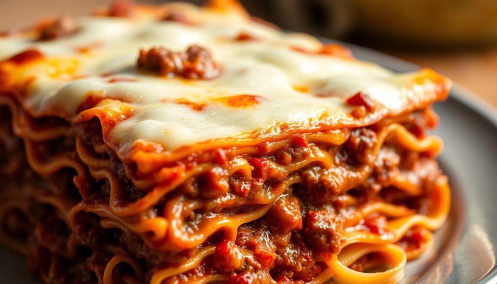 A sizzling, well-lit close-up of a hearty, homemade keto lasagna, showcasing its layers of almond flour noodles, rich beef ragù, and melted cheese. The ragù, slow-simmered to perfection, glistens with savory juices, drawing the eye to its meticulous, texture-filled details. Subtle shadows and highlights accentuate the dish's depth and volume, creating an appetizing, mouthwatering presentation. The overall scene evokes a sense of rustic, comforting indulgence, perfect for illustrating the "Cooking the Beef Ragù" section of the keto lasagna recipe article.