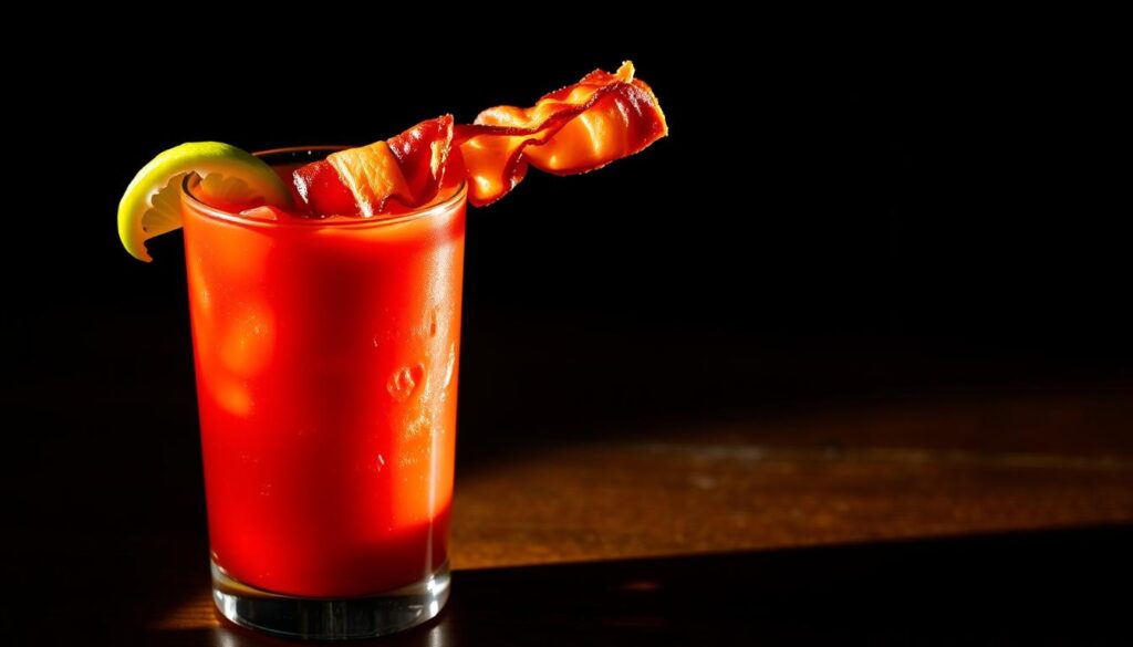 A sleek glass of tomato-based Bloody Mary, garnished with a skewer of crisp bacon, a juicy celery stalk, and a lemon wedge. The drink is lit from the side, casting dramatic shadows and highlights that accentuate its vibrant red hue. The glass is placed on a wooden surface, with a moody, atmospheric lighting that creates a sense of sophistication and elegance. The overall presentation evokes a high-end cocktail bar, inviting the viewer to imagine the perfect accompaniment to a keto-friendly brunch or lunch.