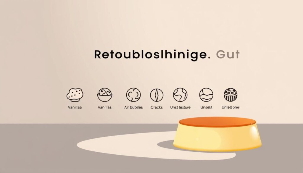 A sleek, minimalist illustration of a "Keto Dessert Troubleshooting Guide". In the foreground, a stylized flan dessert made with cream cheese, vanilla, and allulose, casting a soft, diffuse glow. In the middle ground, a collection of common keto baking issues displayed as simplified icons: air bubbles, cracks, unset texture, and more. The background is a muted, gradient-based color palette, lending a sophisticated, editorial feel. The lighting is soft and directional, creating depth and highlighting the key elements. The overall mood is one of helpful guidance, with a visually appealing and modern aesthetic.