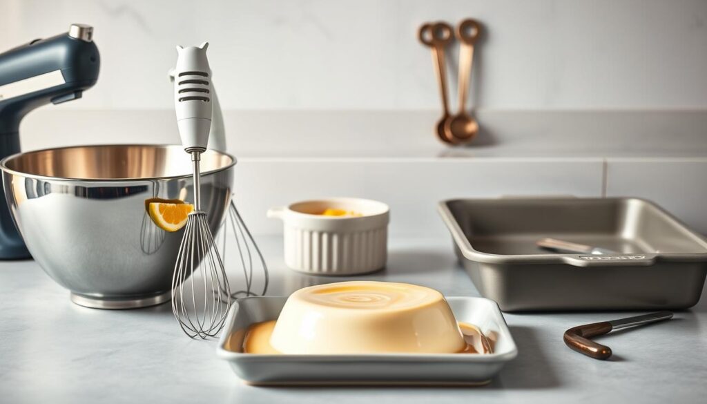 A sleek, minimalist kitchen counter showcases the essential tools for crafting a delectable keto flan. In the foreground, a shiny stainless steel mixing bowl, a handheld electric mixer, and a silicone whisk stand ready. In the middle ground, a ceramic ramekin and a square baking pan with a smooth, non-stick surface catch the warm, soft lighting. In the background, a set of precise measuring cups and spoons, along with a zester, nestle neatly, hinting at the precise measurements and careful preparation required. The overall scene exudes a sense of culinary elegance and control, setting the stage for the creation of a rich, creamy keto flan.