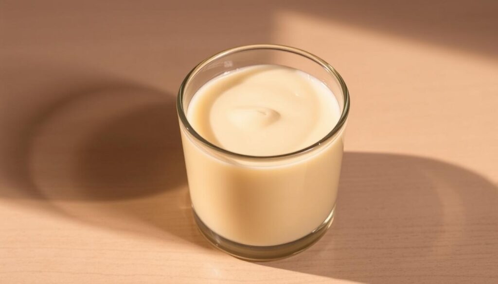 A small glass container filled with a creamy, smooth, and opulent evaporated milk mixture. The liquid has a luxurious, velvety consistency, glistening under the warm, soft lighting. The glass container sits atop a minimalist, wooden surface, casting delicate shadows. The background is a muted, neutral palette, allowing the evaporated milk to be the focal point. The overall composition conveys a sense of refined simplicity and high-quality ingredients, perfectly reflecting the "Tips for Achieving the Perfect Consistency" section of the article.