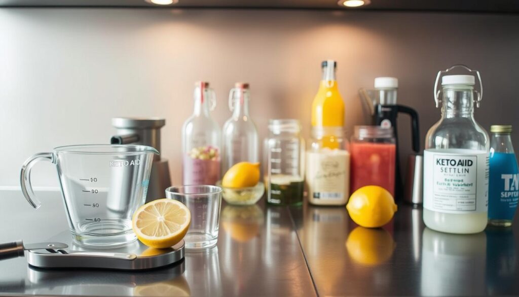 A stainless steel countertop, bathed in warm overhead lighting, serves as the canvas for the step-by-step creation of a Keto Aid beverage. In the foreground, glass measuring cups and a juicer stand ready, while a freshly cut lemon and a bottle of electrolyte supplement rest nearby. The middle ground features an array of glass bottles and jars, their contents carefully measured, hinting at the precise process to come. The background fades into a softly blurred, minimalist setting, allowing the preparation to take center stage. The overall scene exudes a sense of order and attention to detail, perfectly capturing the essence of the "Keto Aid Recipe" section.