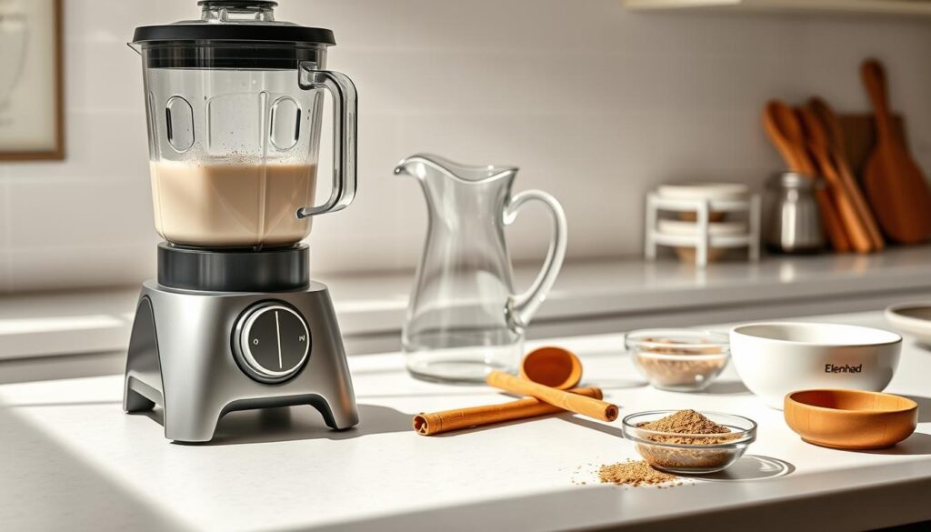 A sunlit kitchen counter showcases an assortment of keto-friendly horchata preparation tools. In the foreground, a high-quality blender stands ready to transform almond milk, cinnamon, and sweetener into a creamy beverage. Beside it, a sturdy citrus juicer awaits fresh lemon or lime. In the middle ground, a vintage-inspired glass pitcher rests, its elegant silhouette hinting at the refreshing horchata to be served. Wooden spoons, a cinnamon stick, and a small bowl of ground cinnamon complete the scene, creating a warm, inviting atmosphere ideal for crafting this keto-friendly spin on a classic Mexican drink. Soft shadows and a slight depth of field enhance the artisanal, homemade feel of this carefully curated keto horchata kitchen setup.