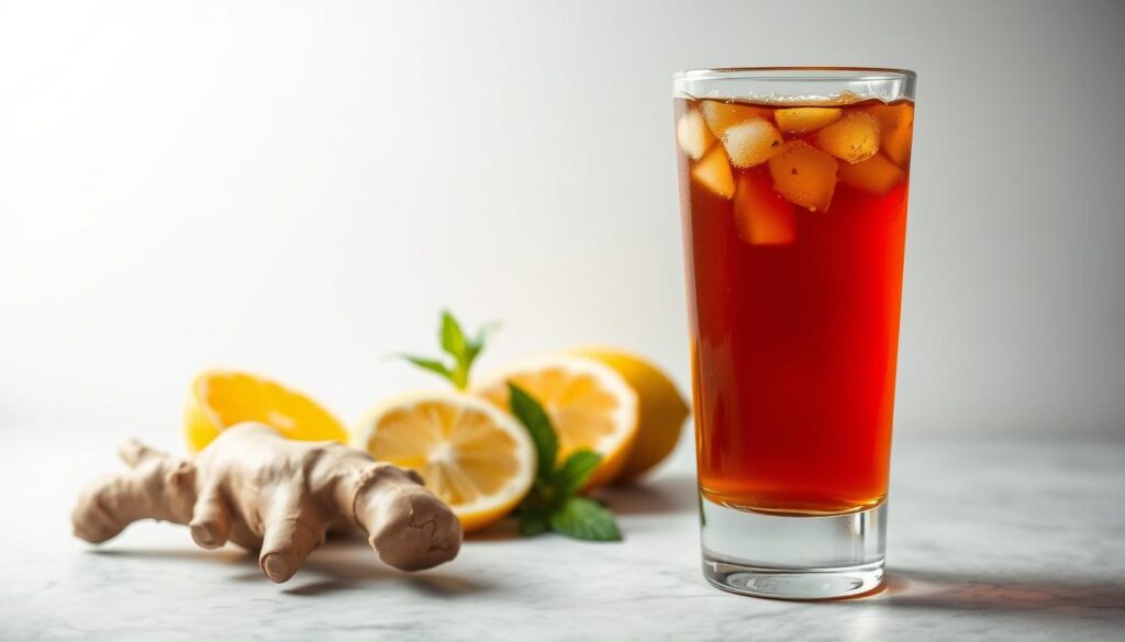 A vibrant and appetizing glass of keto-friendly kombucha stands in the foreground, its amber hue radiating a warm glow. The beverage is crafted with black tea, freshly brewed and infused with a touch of stevia, creating a balanced sweetness. Bubbles dance lively within the liquid, hinting at the probiotic-rich goodness it holds. In the middle ground, a selection of wholesome ingredients - ginger root, lemon slices, and a sprig of mint - are artfully arranged, emphasizing the natural and gut-health-boosting properties of this nourishing elixir. The background features a clean, minimalist backdrop, allowing the kombucha and its accompaniments to take center stage. Soft, directional lighting illuminates the scene, casting subtle shadows and highlighting the vibrant colors. The overall composition conveys a sense of purity, wellness, and the delightful intersection of keto-friendly and probiotic-rich indulgence.