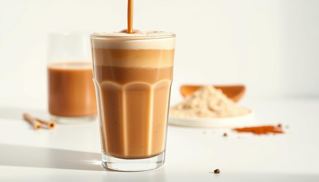 A vibrant, close-up image of a Keto Coffee Protein Shake on a simple, white background. In the foreground, the shake is poured into a clear glass, showcasing the layers of creamy, coffee-colored liquid and thick, frothy foam on top. In the middle ground, a scoop of vanilla protein powder and a sprinkle of cocoa powder are arranged artfully beside the glass. The background is softly blurred, emphasizing the shake as the focal point. Warm, natural lighting illuminates the scene, casting gentle shadows and highlights to accentuate the texture and consistency of the drink. The overall mood is clean, appetizing, and evocative of a healthy, nourishing start to the day.
