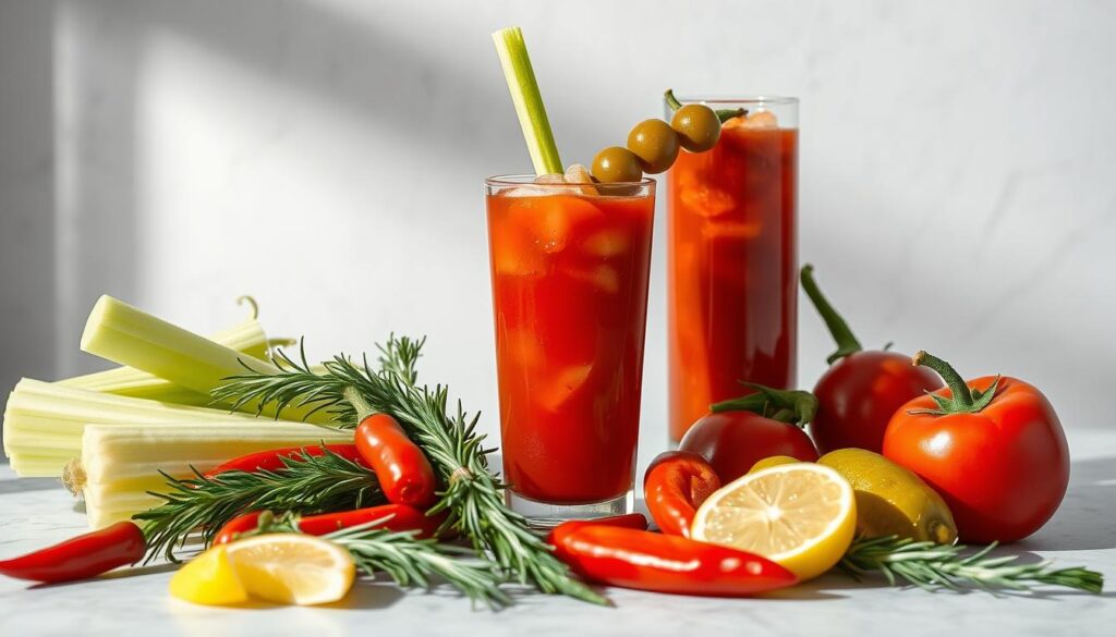 A visually striking still life scene depicting an array of keto-friendly garnishes for a bloody mary cocktail. In the foreground, an array of fresh vegetables and herbs, including celery stalks, pepperoncini peppers, lemon wedges, and sprigs of rosemary, artfully arranged around a glass filled with a vibrant, tomato-based bloody mary mix. The middle ground features a tall, slim glass of the finished cocktail, adorned with a celery stalk and a skewer of olives. The background is a softly-lit, neutral setting, allowing the vibrant colors and textures of the garnishes to take center stage. Soft, directional lighting casts subtle shadows, adding depth and dimension to the scene. The overall mood is one of fresh, sophisticated elegance, perfectly complementing the keto-friendly nature of the ingredients.