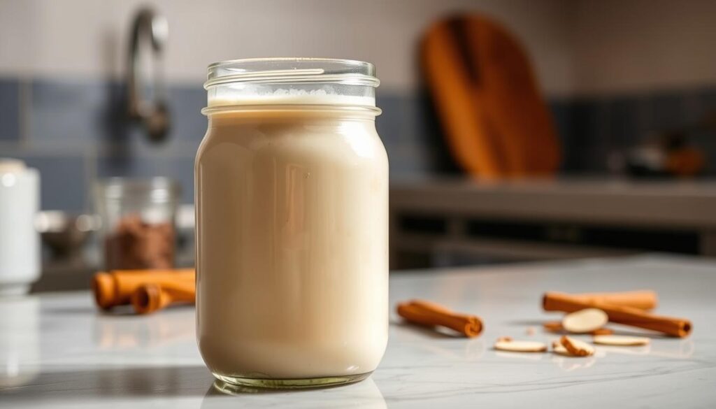 A well-lit kitchen counter with a glass jar filled with keto-friendly horchata made with almond milk and cinnamon, the jar has a tight-fitting lid to preserve freshness. In the background, a few cinnamon sticks and almond slices are visible, creating a cozy, inviting atmosphere. The lighting is soft and natural, highlighting the warm, creamy color of the horchata. The composition is balanced, with the jar placed slightly off-center to draw the eye. The overall scene conveys a sense of homemade, healthy indulgence, perfect for the "Storage and Shelf Life" section of the article.