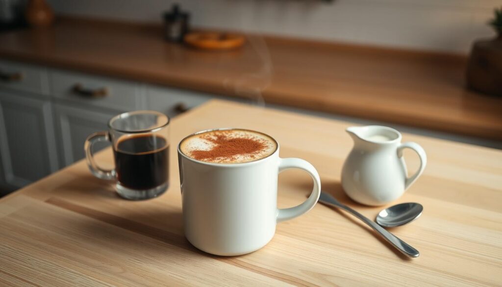 A well-lit kitchen countertop with a smooth, polished wooden surface. In the foreground, a steaming white ceramic mug filled with a rich, creamy keto cappuccino, topped with a dusting of cocoa powder. Next to the mug, a glass shot glass containing freshly brewed espresso, a small ceramic jug of heavy cream, and a spoon for stirring. The background features a clean, minimalist atmosphere, with subtle lighting casting a warm, inviting glow over the scene. The overall composition conveys a sense of artisanal craftsmanship and attention to detail in the preparation of this keto-friendly cappuccino. A well-lit kitchen countertop with a smooth, polished wooden surface. In the foreground, a steaming white ceramic mug filled with a rich, creamy keto cappuccino, topped with a dusting of cocoa powder. Next to the mug, a glass shot glass containing freshly brewed espresso, a small ceramic jug of heavy cream, and a spoon for stirring. The background features a clean, minimalist atmosphere, with subtle lighting casting a warm, inviting glow over the scene. The overall composition conveys a sense of artisanal craftsmanship and attention to detail in the preparation of this keto-friendly cappuccino.