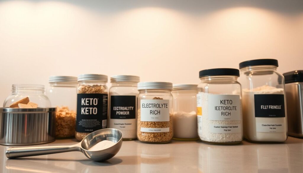A well-organized kitchen counter with glass jars filled with keto-friendly supplements and powders. Warm overhead lighting illuminates the scene, casting a soft glow on the transparent containers. In the foreground, a sleek, stainless steel scoop rests next to the jars, hinting at the preparation process. The middle ground features various sizes of labeled jars, each containing a different electrolyte-rich ingredient. In the background, a minimalist white wall provides a clean, uncluttered backdrop, allowing the storage solutions to take center stage. The overall atmosphere conveys a sense of order, efficiency, and a dedication to maintaining a healthy, keto-friendly lifestyle.