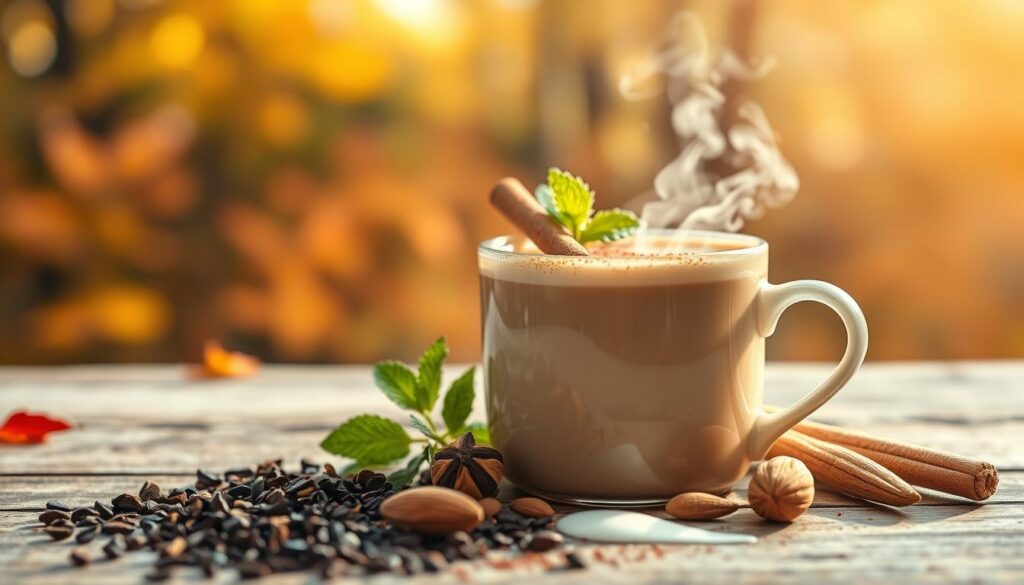 An idyllic autumn scene with a mug of steaming chai latte set against a backdrop of vibrant fall foliage. The latte is topped with a delicate dusting of cinnamon and a sprig of fresh mint, exuding a soothing, aromatic ambiance. In the foreground, healthy ingredients like whole black tea leaves, cardamom pods, and creamy almond milk are artfully arranged, hinting at the wellness benefits of this nourishing beverage. Soft, warm lighting illuminates the scene, creating a serene, cozy atmosphere that evokes a sense of mindful self-care. The image is captured with a shallow depth of field, focusing the viewer's attention on the captivating chai latte and its healthful components.