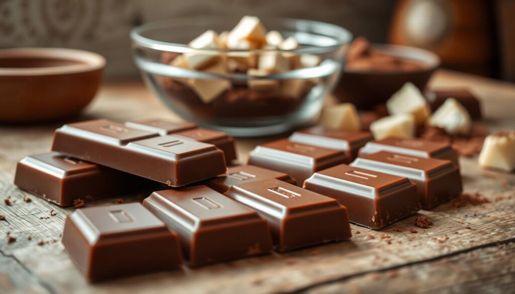 Detailed close-up shot of homemade keto milk chocolate preparation on a rustic wooden table. In the foreground, freshly tempered and molded keto milk chocolate bars with a rich, glossy sheen. In the middle ground, a bowl of cocoa powder and cocoa butter chunks, the ingredients used to create the chocolate. Soft, warm lighting from the side highlights the texture and depth of the chocolate. The image conveys a sense of high-quality, artisanal chocolate making in a cozy, natural setting.