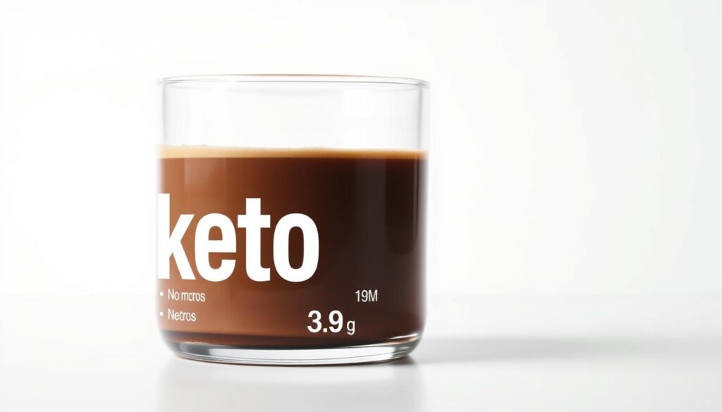 Detailed nutritional profile of keto-friendly chocolate milk, featuring a sleek glass container against a minimalist white background. The crisp lighting and shallow depth of field draw attention to the rich, creamy liquid, highlighting its dark cocoa color and velvety texture. Clean, modern typography overlays the nutritional information, emphasizing key macros and micronutrients. The overall mood is one of clinical precision and health-conscious indulgence, inviting the viewer to explore the benefits of this keto-adapted beverage.