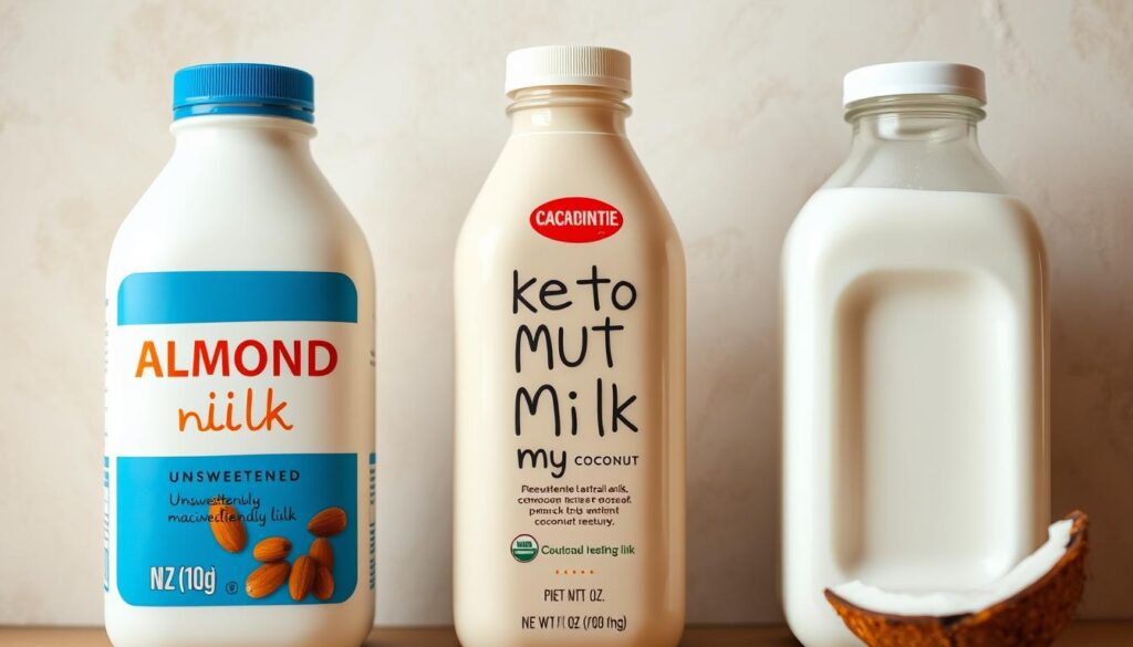 High-quality close-up photograph of various keto-friendly milk alternatives for low-carb chocolate milk, including unsweetened almond milk, macadamia nut milk, and coconut milk, against a neutral background. The lighting is soft and warm, creating a cozy, inviting atmosphere. The focus is sharp, highlighting the unique textures and colors of each milk option. The composition is balanced, with the milk containers arranged in a visually appealing manner. The overall mood is one of healthy indulgence, with the keto-friendly milk alternatives taking center stage.