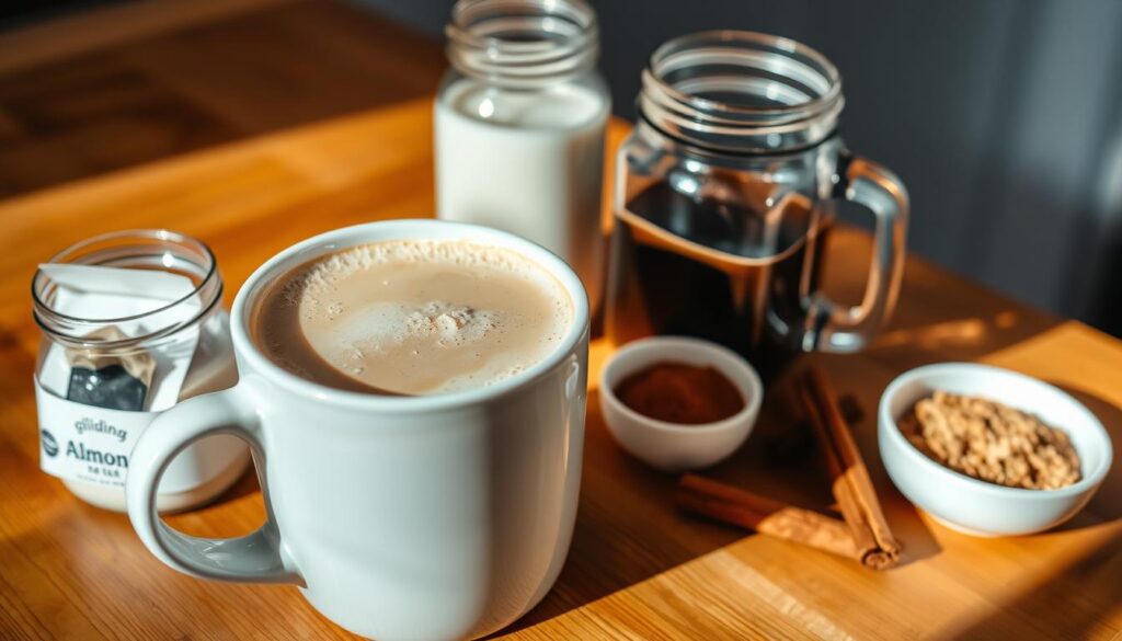 Keto Chai Latte Preparation: A cozy kitchen scene with a white ceramic mug filled with a creamy, frothy chai latte. The mug is placed on a wooden table, surrounded by a neatly arranged selection of ingredients - a single black tea bag, a glass jar of almond milk, a small bowl of ground cinnamon, and a cinnamon stick. The lighting is warm and natural, casting a soft glow on the scene. The overall mood is inviting and comforting, reflecting the soothing nature of the beverage. The angle is slightly elevated, providing a clear view of the preparation process and the finished product.