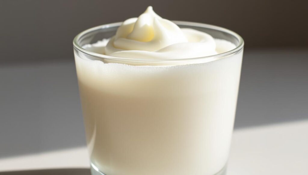 Keto Cold Foam Preparation: A creamy, frothy delight in a glass. A close-up shot of a clear glass filled with a thick, smooth layer of keto-friendly cold foam, made from heavy cream and sweetened with stevia. The foam is gently whipped, creating soft, billowy peaks that catch the light, giving it a lustrous, silky appearance. The glass is placed on a plain, neutral-colored surface, allowing the delicate foam to be the star of the scene. Soft, natural lighting from the side casts subtle shadows, highlighting the textural details of the foam. The overall mood is calming, inviting, and appetizing, perfectly capturing the essence of this keto-friendly cold foam recipe.