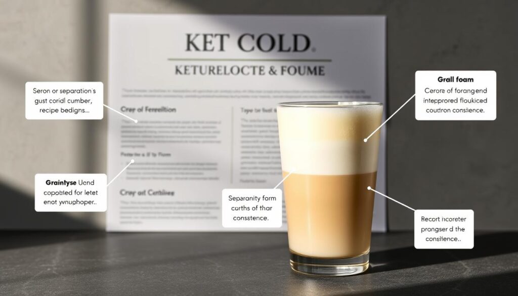 Keto Cold Foam Troubleshooting Guide: a high-quality image depicting a stylized guide with detailed diagrams and illustrations. In the foreground, a glass of luscious, creamy cold foam is the central focus, with annotated callouts highlighting common issues like separation, graininess, and incorrect consistency. The middle ground features a clean, minimalist layout with elegant typography, section headers, and step-by-step instructions. The background showcases a soft, muted color palette with subtle texture, creating a professional, informative atmosphere. Dramatic side lighting casts dramatic shadows, emphasizing the depth and three-dimensional quality of the scene. The overall aesthetic is modern, visually appealing, and tailored to the keto/low-carb recipe theme.